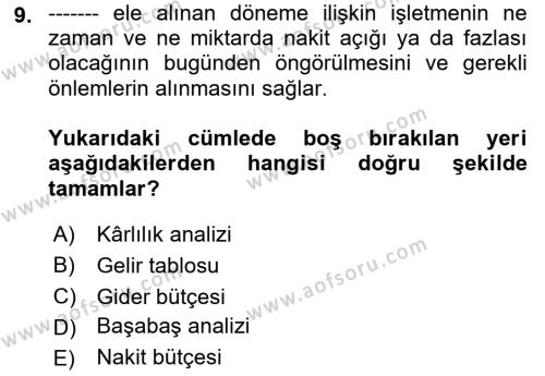 Finansal Yönetim 1 Dersi 2018 - 2019 Yılı (Final) Dönem Sonu Sınavı 9. Soru