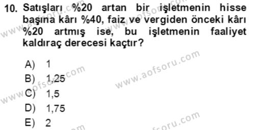 Finansal Yönetim 1 Dersi 2020 - 2021 Yılı Yaz Okulu Sınavı 10. Soru