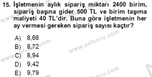 Finansal Yönetim 1 Dersi 2020 - 2021 Yılı Yaz Okulu Sınavı 15. Soru