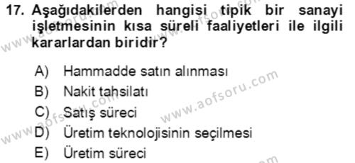 Finansal Yönetim 1 Dersi 2020 - 2021 Yılı Yaz Okulu Sınavı 17. Soru