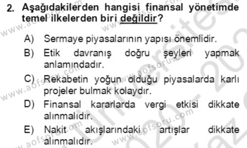 Finansal Yönetim 1 Dersi 2020 - 2021 Yılı Yaz Okulu Sınavı 2. Soru