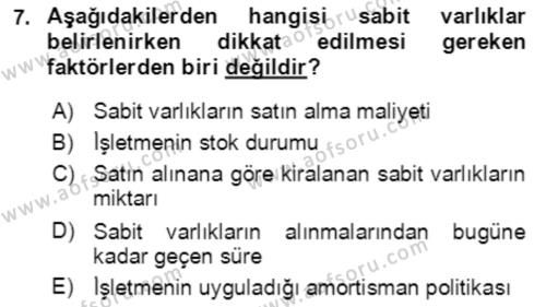 Finansal Yönetim 1 Dersi 2020 - 2021 Yılı Yaz Okulu Sınavı 7. Soru