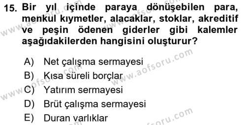 Finansal Yönetim 1 Dersi 2022 - 2023 Yılı Yaz Okulu Sınavı 15. Soru