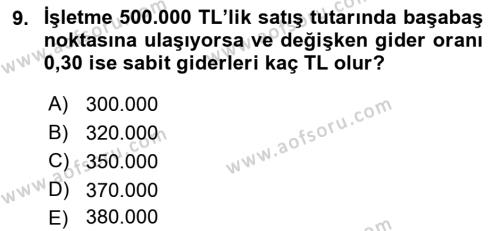 Finansal Yönetim 1 Dersi 2022 - 2023 Yılı Yaz Okulu Sınavı 9. Soru