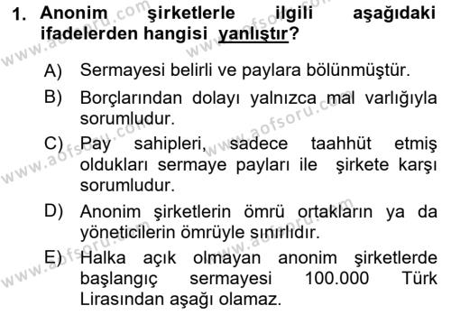 Finansal Yönetim 1 Dersi 2023 - 2024 Yılı (Vize) Ara Sınavı 1. Soru