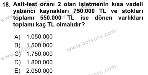 Finansal Yönetim 1 Dersi 2023 - 2024 Yılı (Vize) Ara Sınavı 18. Soru