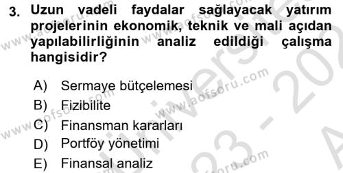 Finansal Yönetim 1 Dersi 2023 - 2024 Yılı (Vize) Ara Sınavı 3. Soru