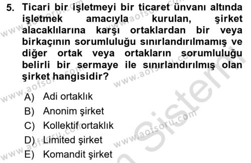 Finansal Yönetim 1 Dersi 2023 - 2024 Yılı (Vize) Ara Sınavı 5. Soru