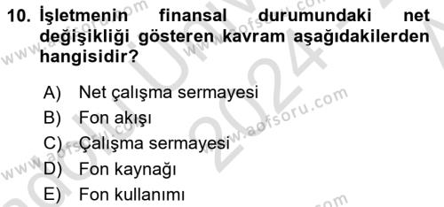 Finansal Yönetim 1 Dersi 2024 - 2025 Yılı (Vize) Ara Sınavı 10. Soru