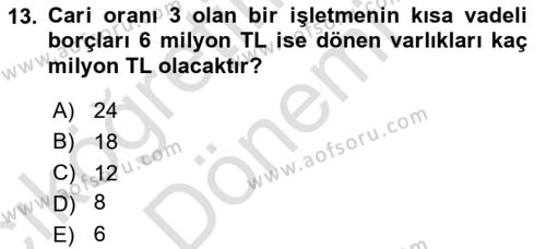 Finansal Yönetim 1 Dersi 2024 - 2025 Yılı (Vize) Ara Sınavı 13. Soru