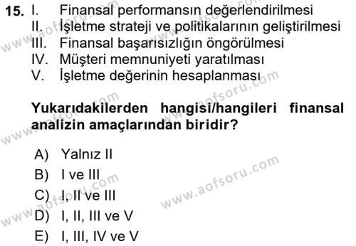 Finansal Yönetim 1 Dersi 2024 - 2025 Yılı (Vize) Ara Sınavı 15. Soru