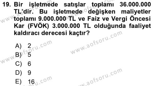 Finansal Yönetim 1 Dersi 2024 - 2025 Yılı (Vize) Ara Sınavı 19. Soru