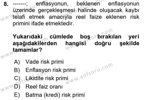 Finansal Yönetim 1 Dersi 2024 - 2025 Yılı (Vize) Ara Sınavı 8. Soru