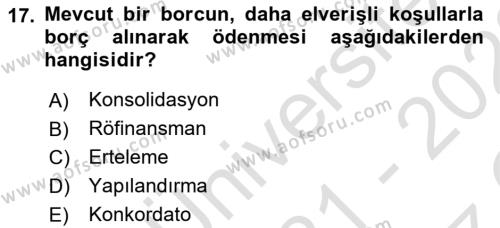 Finansal Yönetim 2 Dersi 2021 - 2022 Yılı Yaz Okulu Sınavı 17. Soru