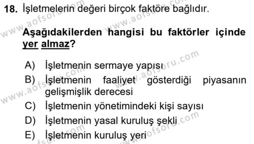 Finansal Yönetim 2 Dersi 2021 - 2022 Yılı Yaz Okulu Sınavı 18. Soru