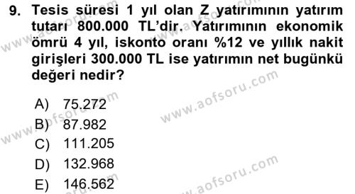 Finansal Yönetim 2 Dersi 2021 - 2022 Yılı Yaz Okulu Sınavı 9. Soru