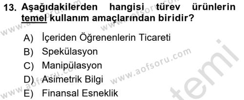 Finansal Yönetim 2 Dersi 2022 - 2023 Yılı Yaz Okulu Sınavı 13. Soru