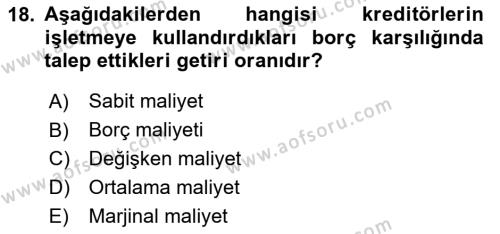 Finansal Yönetim 2 Dersi 2023 - 2024 Yılı (Vize) Ara Sınavı 18. Soru