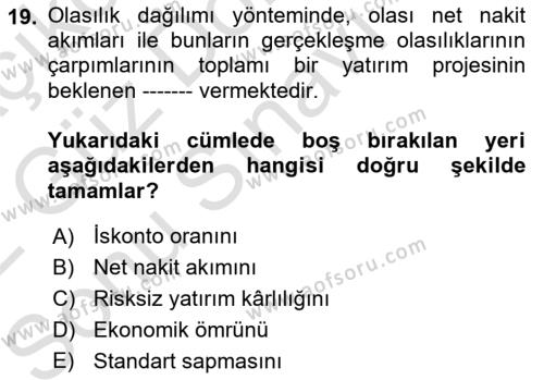 Finansal Yönetim Dersi 2021 - 2022 Yılı (Final) Dönem Sonu Sınavı 19. Soru