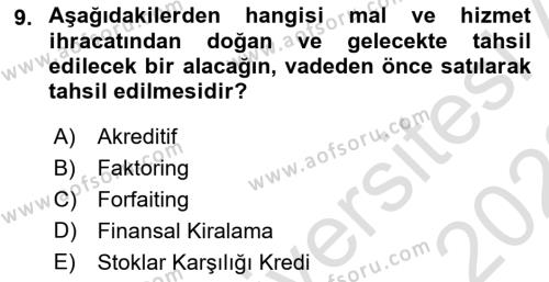 Finansal Yönetim Dersi 2021 - 2022 Yılı (Final) Dönem Sonu Sınavı 9. Soru