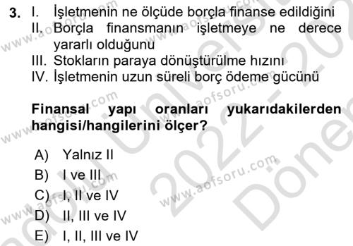 Finansal Yönetim Dersi 2022 - 2023 Yılı (Final) Dönem Sonu Sınavı 3. Soru