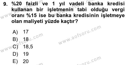 Finansal Yönetim Dersi 2022 - 2023 Yılı (Final) Dönem Sonu Sınavı 9. Soru