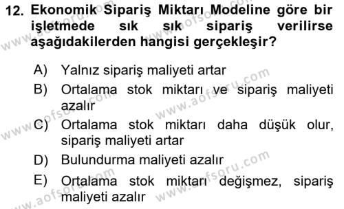 Finansal Yönetim Dersi 2023 - 2024 Yılı (Final) Dönem Sonu Sınavı 12. Soru