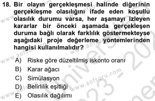 Finansal Yönetim Dersi 2023 - 2024 Yılı (Final) Dönem Sonu Sınavı 18. Soru