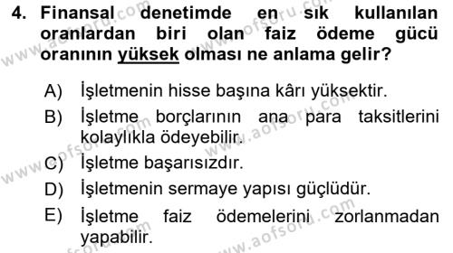 Finansal Yönetim Dersi 2023 - 2024 Yılı (Final) Dönem Sonu Sınavı 4. Soru