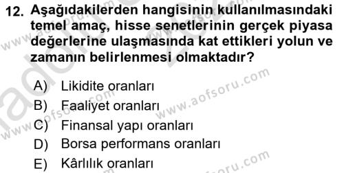 Finansal Yönetim Dersi 2024 - 2025 Yılı (Vize) Ara Sınavı 12. Soru