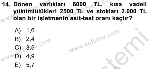 Finansal Yönetim Dersi 2024 - 2025 Yılı (Vize) Ara Sınavı 14. Soru