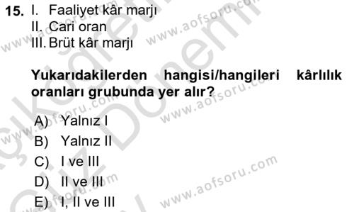 Finansal Yönetim Dersi 2024 - 2025 Yılı (Vize) Ara Sınavı 15. Soru