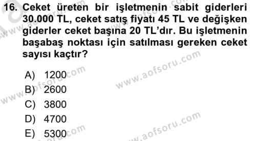 Finansal Yönetim Dersi 2024 - 2025 Yılı (Vize) Ara Sınavı 16. Soru