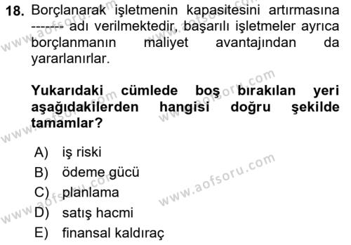 Finansal Yönetim Dersi 2024 - 2025 Yılı (Vize) Ara Sınavı 18. Soru