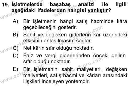 Finansal Yönetim Dersi 2024 - 2025 Yılı (Vize) Ara Sınavı 19. Soru