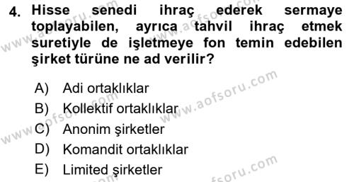 Finansal Yönetim Dersi 2024 - 2025 Yılı (Vize) Ara Sınavı 4. Soru