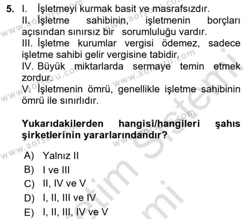 Finansal Yönetim Dersi 2024 - 2025 Yılı (Vize) Ara Sınavı 5. Soru