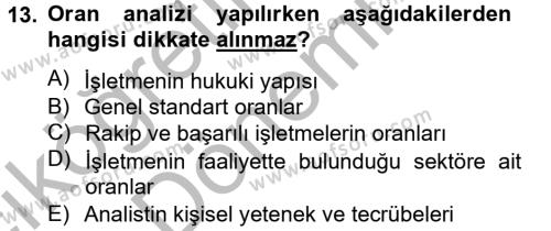 Finansal Tablolar Analizi Dersi 2012 - 2013 Yılı (Vize) Ara Sınavı 13. Soru