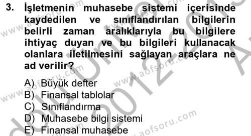 Finansal Tablolar Analizi Dersi 2012 - 2013 Yılı (Vize) Ara Sınavı 3. Soru