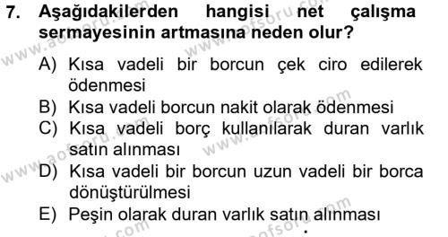 Finansal Tablolar Analizi Dersi 2012 - 2013 Yılı (Final) Dönem Sonu Sınavı 7. Soru