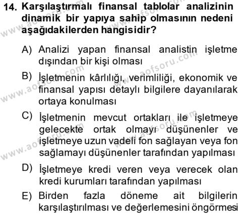 Finansal Tablolar Analizi Dersi 2013 - 2014 Yılı (Vize) Ara Sınavı 14. Soru