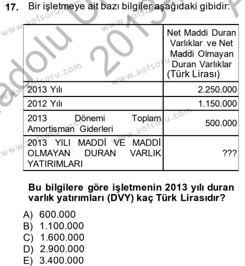 Finansal Tablolar Analizi Dersi 2013 - 2014 Yılı (Vize) Ara Sınavı 17. Soru
