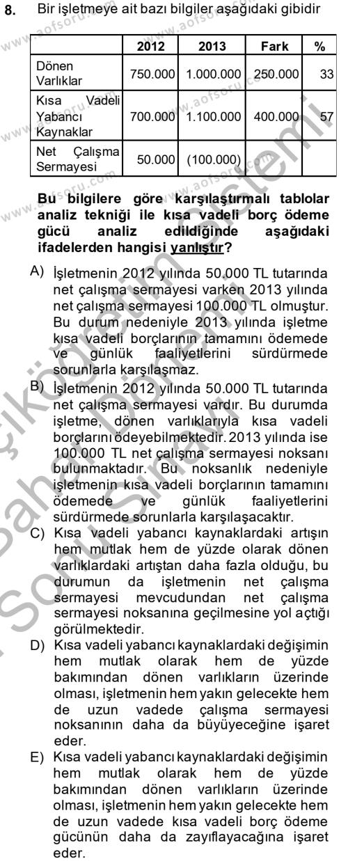 Finansal Tablolar Analizi Dersi 2013 - 2014 Yılı (Final) Dönem Sonu Sınavı 8. Soru