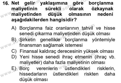 Finansal Tablolar Analizi Dersi 2013 - 2014 Yılı Tek Ders Sınavı 16. Soru