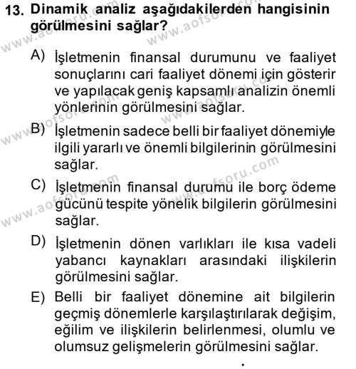 Finansal Tablolar Analizi Dersi 2014 - 2015 Yılı (Vize) Ara Sınavı 13. Soru