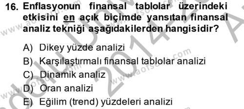 Finansal Tablolar Analizi Dersi 2014 - 2015 Yılı (Vize) Ara Sınavı 16. Soru