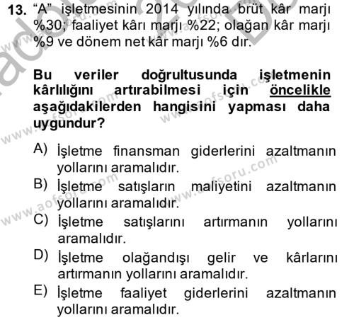 Finansal Tablolar Analizi Dersi 2014 - 2015 Yılı (Final) Dönem Sonu Sınavı 13. Soru