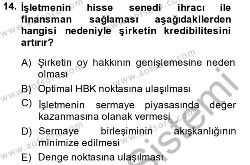 Finansal Tablolar Analizi Dersi 2014 - 2015 Yılı (Final) Dönem Sonu Sınavı 14. Soru