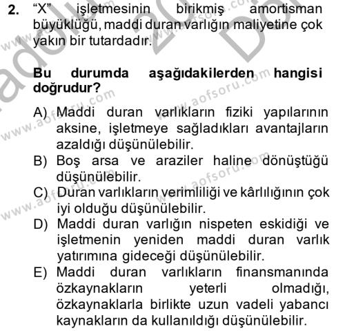 Finansal Tablolar Analizi Dersi 2014 - 2015 Yılı (Final) Dönem Sonu Sınavı 2. Soru