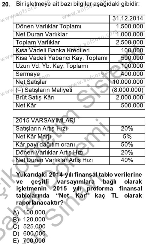 Finansal Tablolar Analizi Dersi 2014 - 2015 Yılı (Final) Dönem Sonu Sınavı 20. Soru